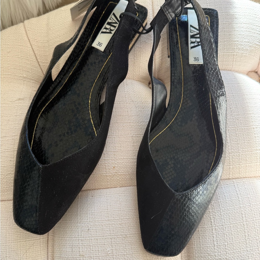 NWT! Zara Black Slingback Flats with Subtle Snake Texture and gold accent.